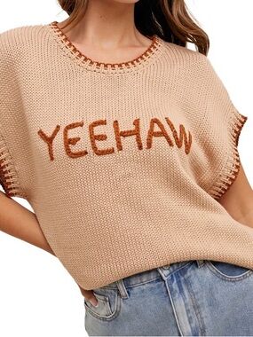 Wishlist Yeehaw Tan Crewneck Sweater with Brown Trim